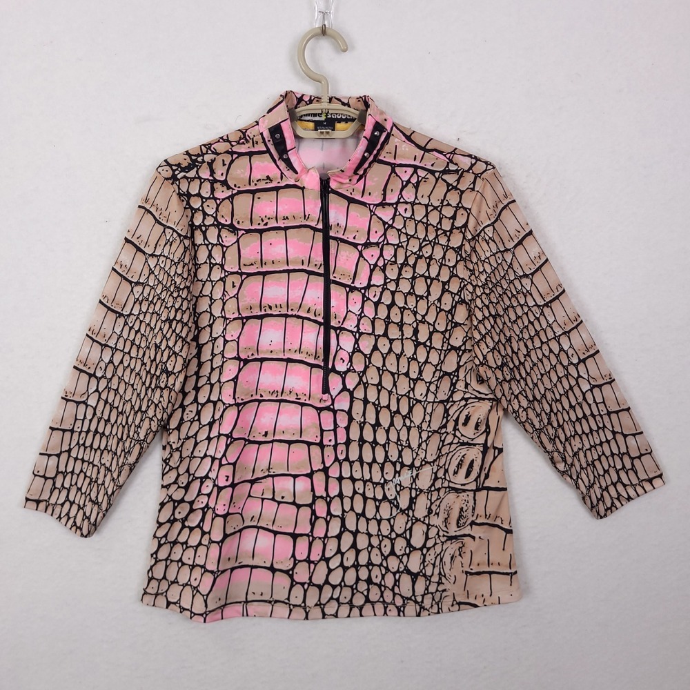 Jamie Sadock Shirt Quarter Zip Top Womens Medium Pink Tan Crocodile Print Golf